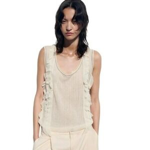 Zara Ribbed Knit Ruffled Camisole Top Ecru M
